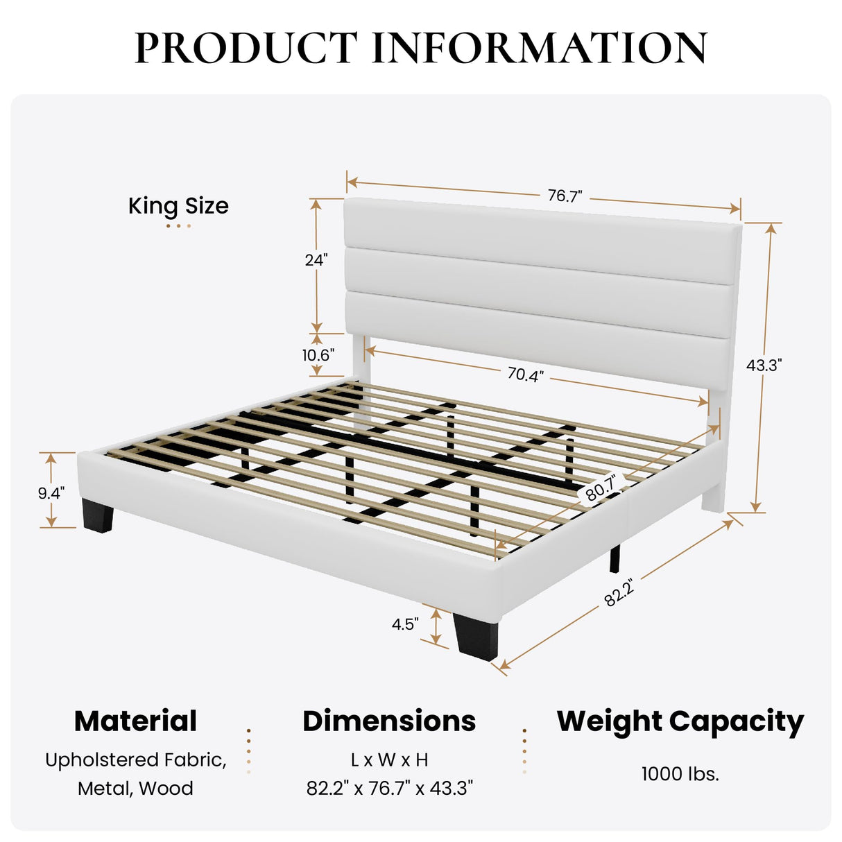 SHA CERLIN King Platform Bed Frame with Velvet Upholstered Headboard, Mattress Foundation with Strong Wooden Slats Support, No Box Spring Needed, White SHA CERLIN