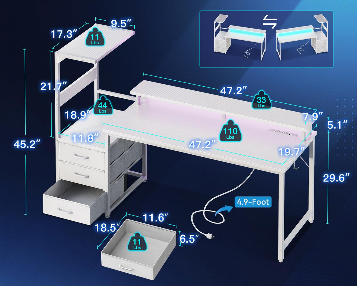 Casaottima 59 Inch Gaming Desk with USB Charging Ports & LED Light - Reversible Computer Desk with 3 Fabric Drawers, Monitor Stand, CPU Stand, and Side Hook, Modern Office Desk, White Casaottima