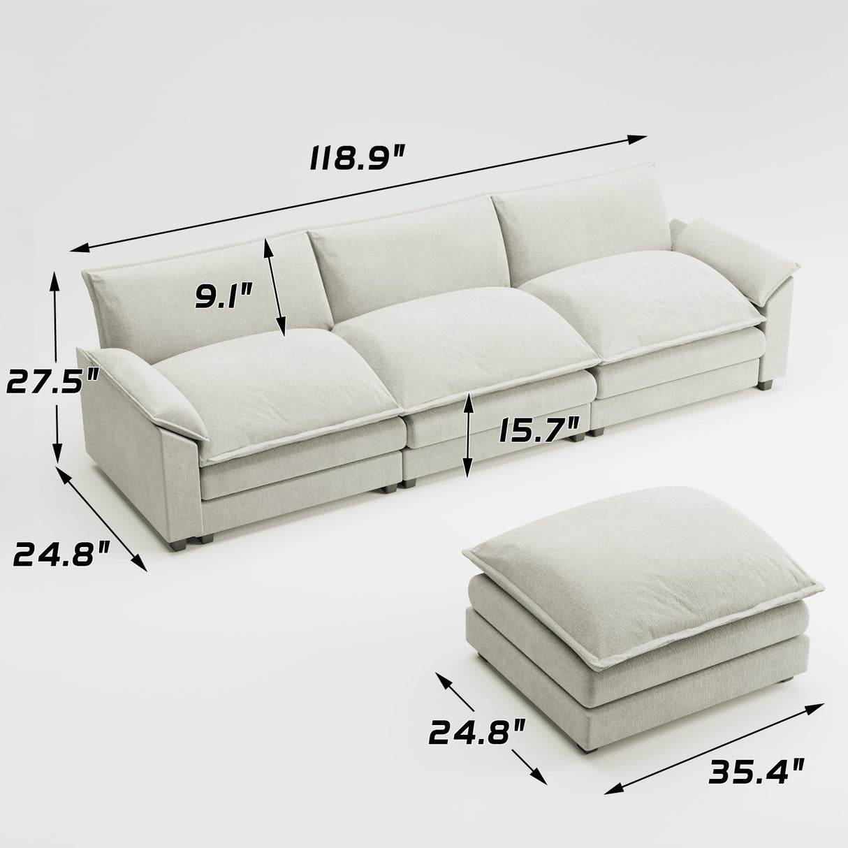 Shahoo Sectional Modular Sofa L Shaped Chenille Fabric Couch with High Supportive & Soft Sponges and Removable Ottoman, Sleeper Comfy Upholstered Furniture for Living Room, White Shahoo