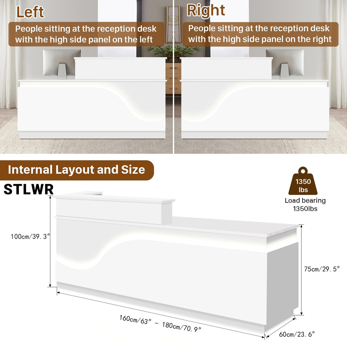 STLWR Modern Reception Desk with Locking Drawers, of Multi-Layer Solid Wood, Three-Color LED Light Strip & File Cabinet, Office Display Counters Retail Reception Desk (All White-Left, 63") Generic