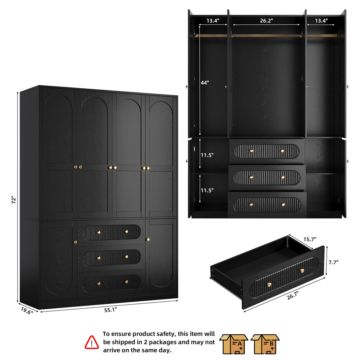 4 Doors Freestanding Armoire Wardrobe Closet, 72" Black Wardrobe Armoire Wooden Closet Large Capacity Storage with 3 Drawers & 3 Hanging Rod Shelves Clothes Organizer TOKSOM