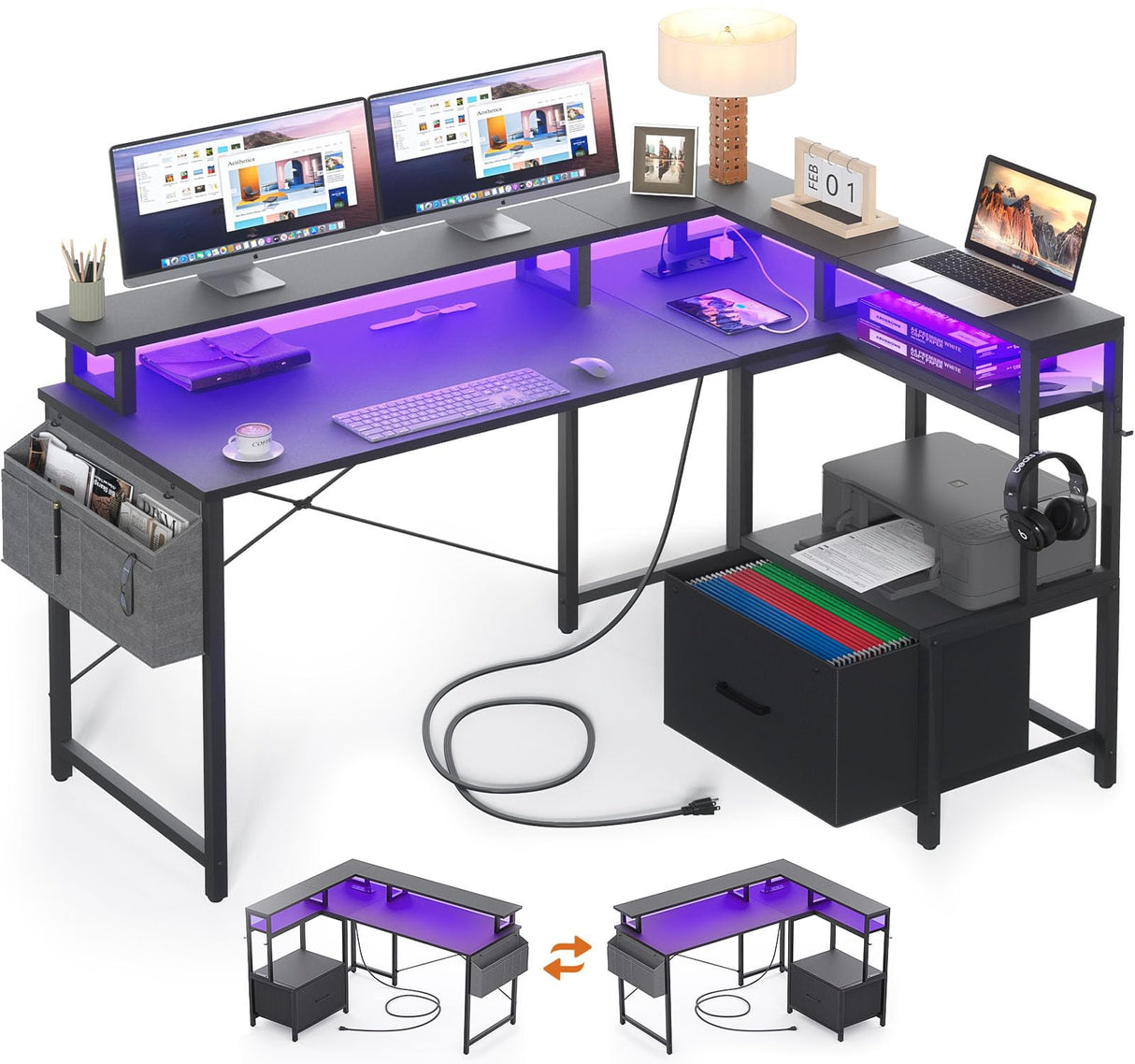 Homieasy Computer Desk with File Drawer Cabinet, L Shaped Office Desk with Printer Stand & Full Monitor Stand, 48 Inch Gaming Desk with Power Outlets Led Light Storage Bag Hanging Hooks, Black Homieasy