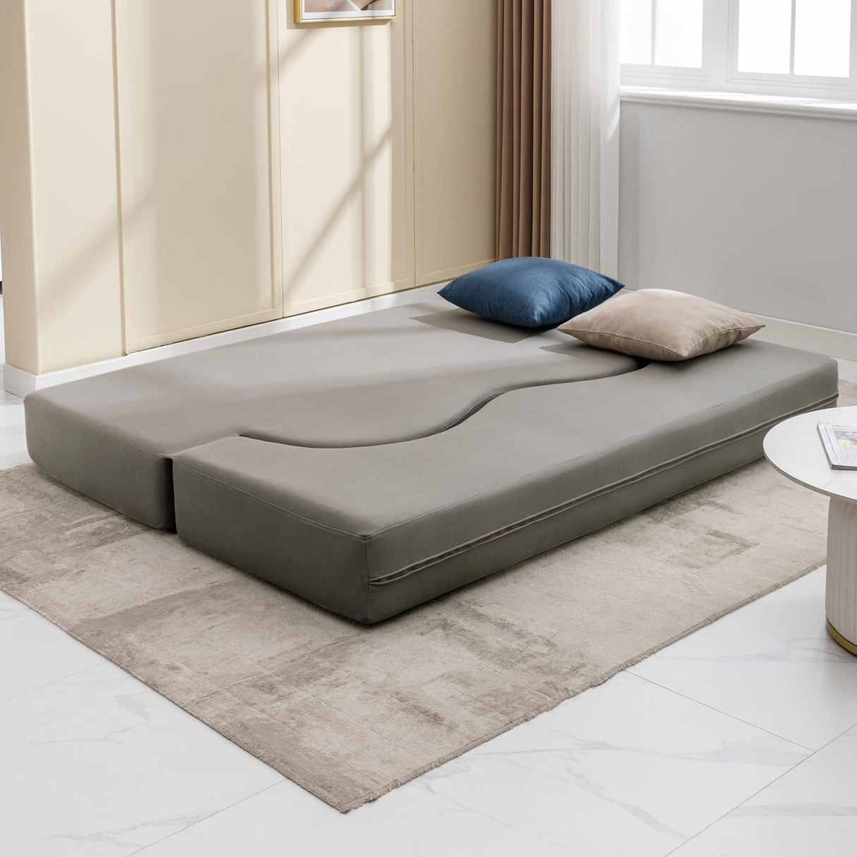 Mjkone Queen Size Floding Sofa Bed, Floor Sofa Bed with Memory Foam, Upholstered Convertible Couch Bed, Fold Out Futon Sleeper Couch Bed for Living Room,Guest Room, Washable Cover, Light Gray Mjkone