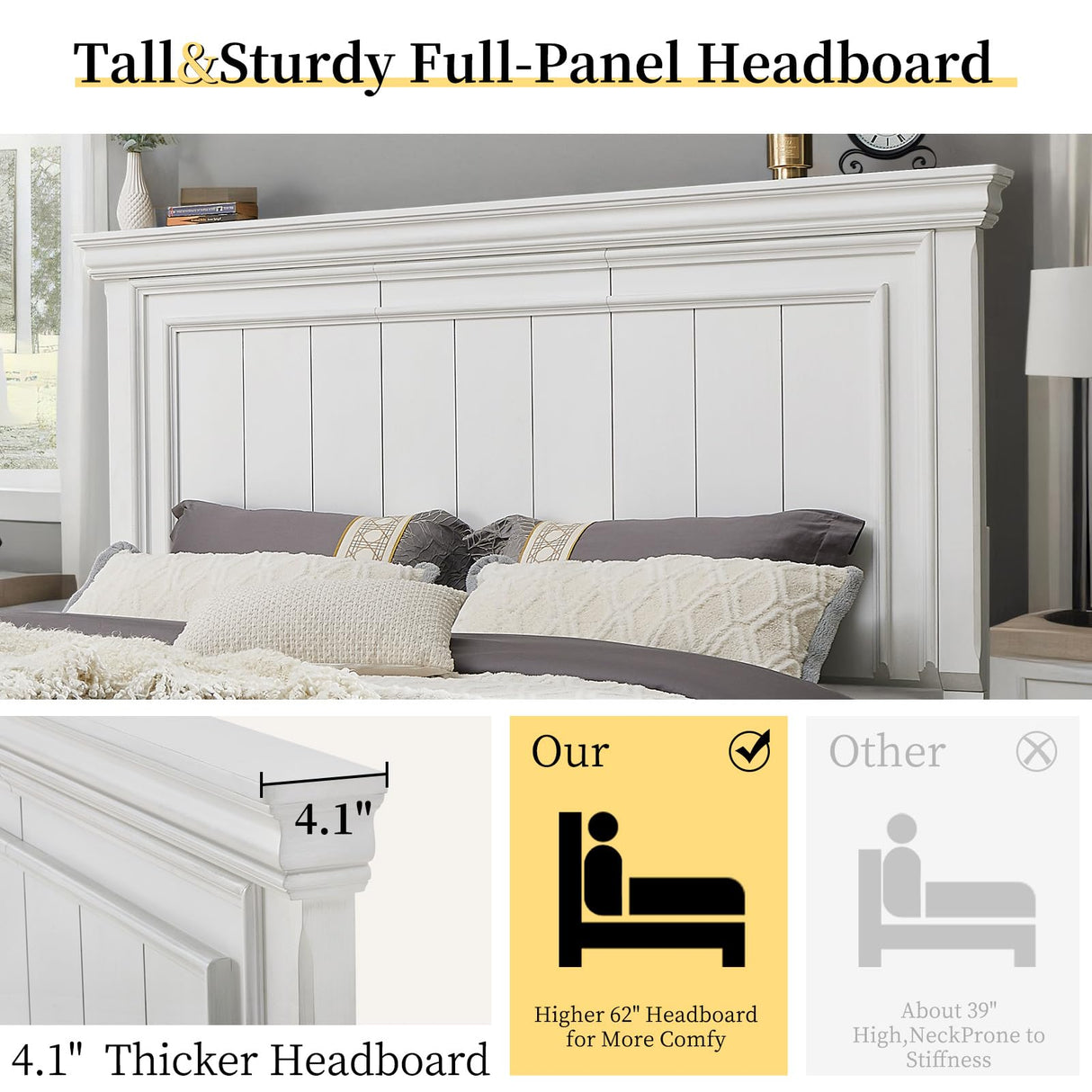 YUMPIE Farmhouse King Size Wood Bed Frame with Headboard and Footboard, No Box Spring Needed, Rustic Platform Bed with 12 Wood Slats Support, Distressed White YUMPIE