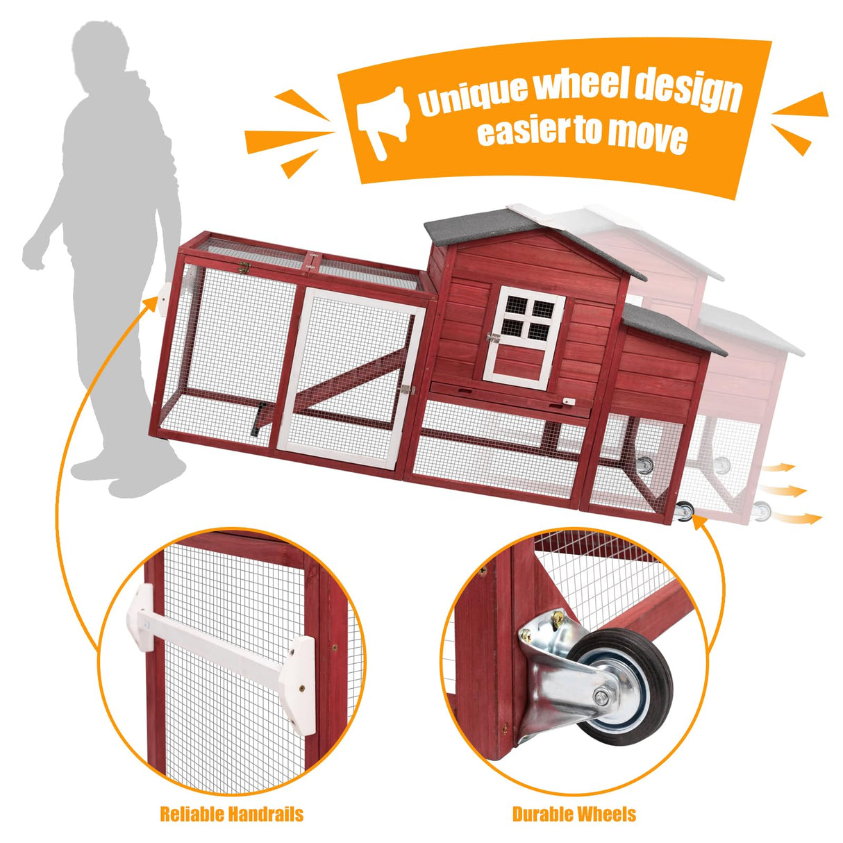 Ketive Wooden 79" Chicken Coop with Wheels Asphalt Roof Nest Boxes Pull-Out Trays - All Solid Wood and Galvanized Wire Mesh Chicken House Against Snakes, Weasels ketive