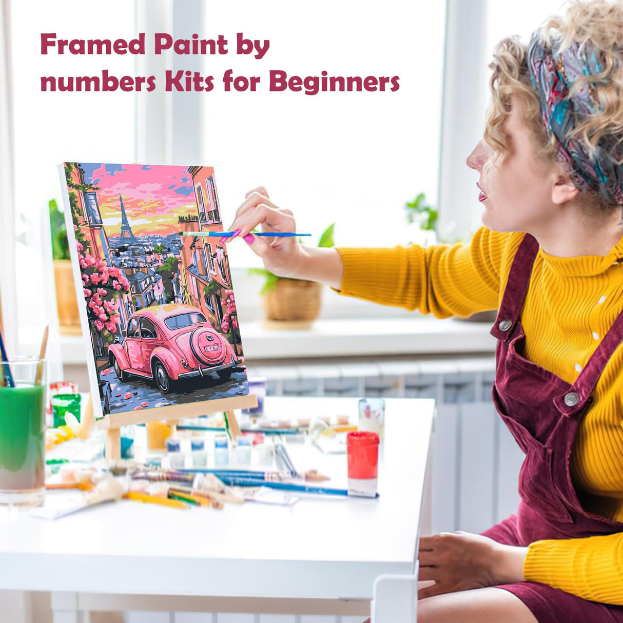 MOGTAA Pink Car Paint by Numbers Kit for Adults Beginners with Frame, Flowers Adult Paint by Number Kits on Canvas with Easel, Easy DIY Oil Painting Kits for Home Decor, 8x12in MOGTAA