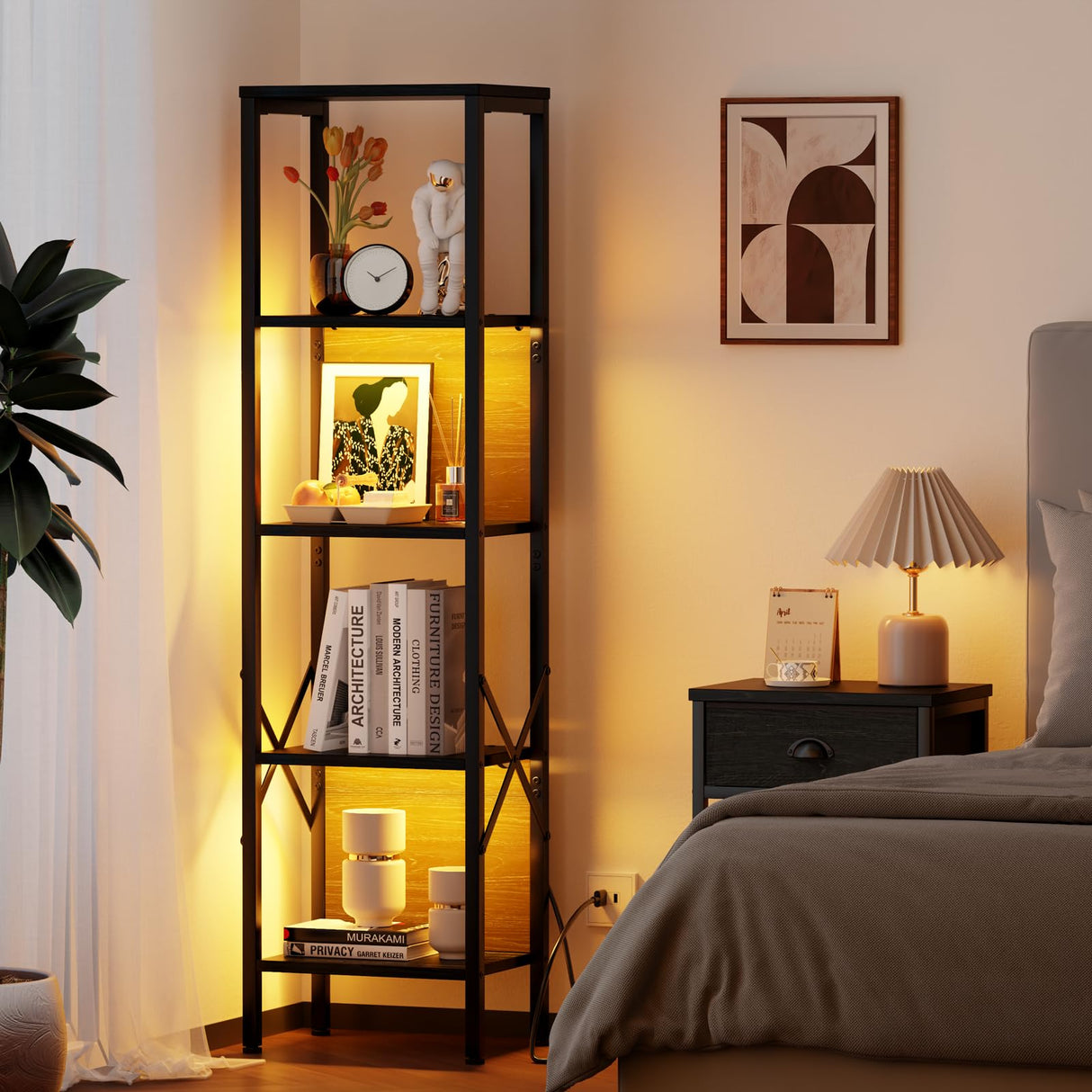 Furologee 5-Tier LED Bookshelf in Black Oak - Narrow Industrial Bookcase with Back Panel for Home and Office Furologee