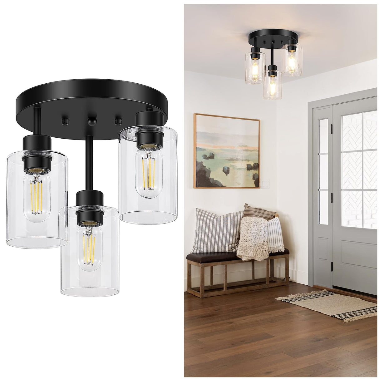 Feanron Farmhouse Flush Mount Ceiling Light, Black 3-Light Hallway Light Fixtures Ceiling with Clear Glass Shades, Light Fixtures Ceiling Mount for Kitchen Living Room Foyer, E26 Base Feanron