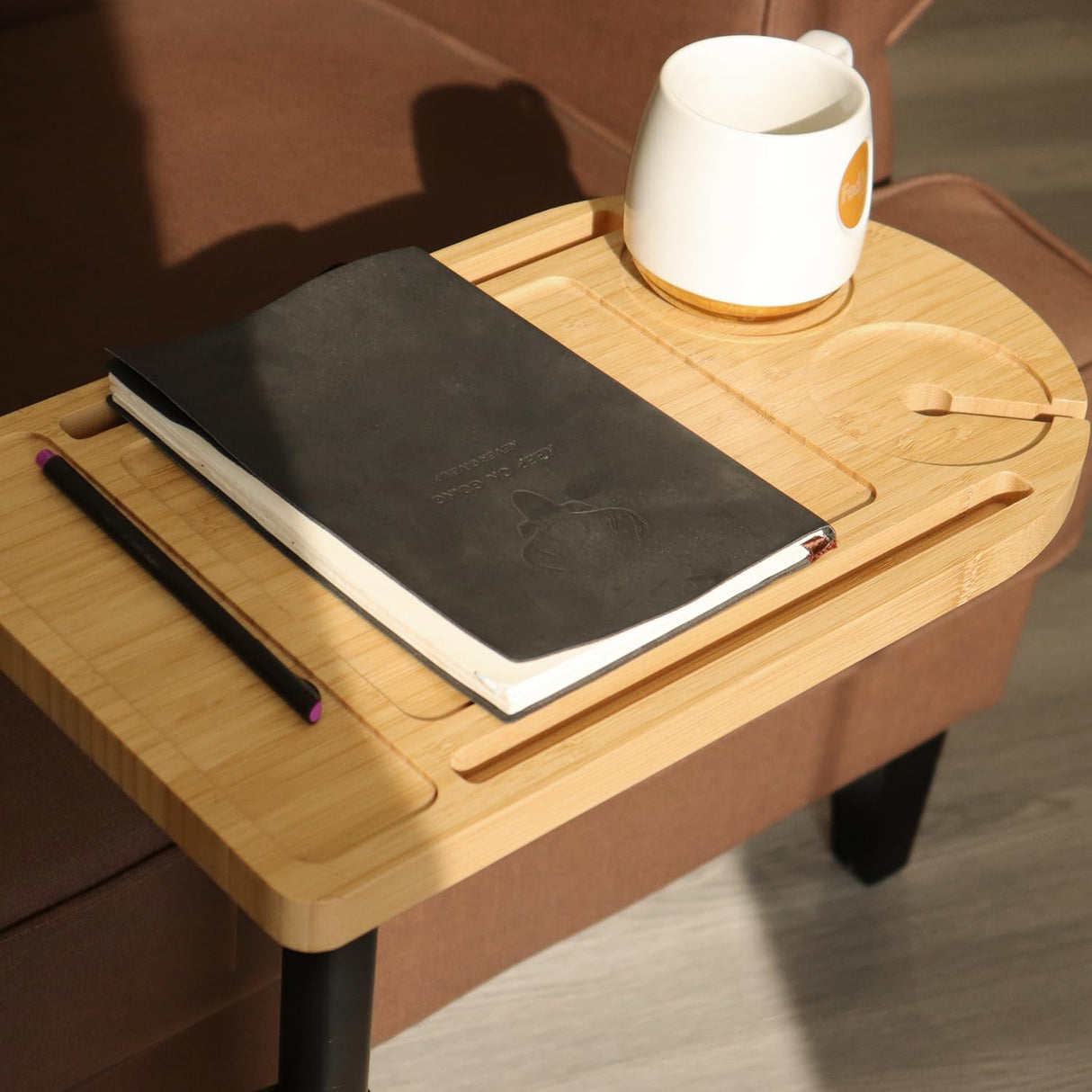 YUHFERA Sofa Tray Table for Couch Arm - Side Table Tray for Small Spaces, Bamboo Height Adjustable Table for Bed or Chair with Phone & Tablet Slots, TV Tray Table for Living Room YUHFERA