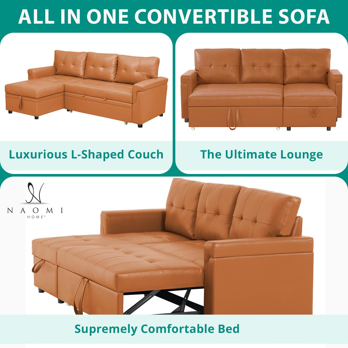 Naomi Home Transform Any Space: Sleeper Sectional Sofa with Convertible Sofa Bed & Inviting Chaise. Find Tranquil Comfort with Stress-Relieving Design & Durable Cushions - Caramel,Air Leather Naomi Home
