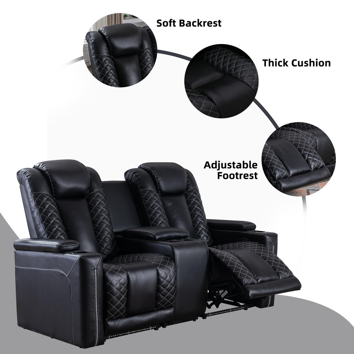 EBELLO Home Theater Seating, Electric Power Loveseat Recliner with USB Ports and Cup Holders, Breathable Faux Leather Dual Recliner with Hidden Arm Storage, for Living Room, Black EBELLO