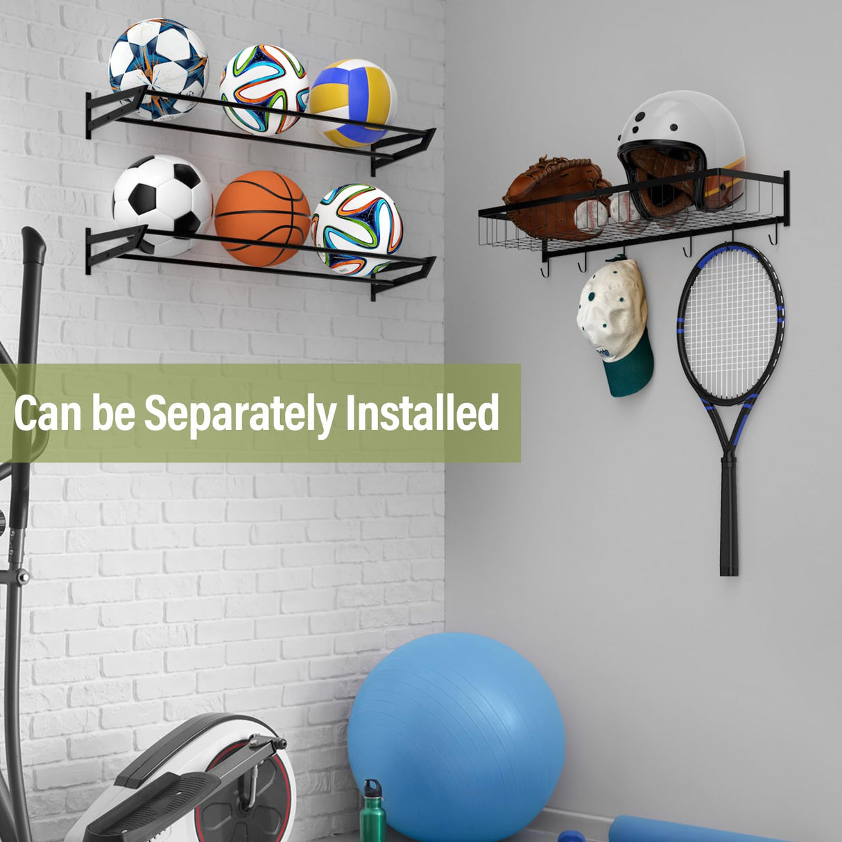 Ball Holder Wall Mount Garage Sports Equipment Organizer 3 Separate Wall Ball Storage Rack with 6 Hooks for Basketball Football Soccer Volleyball BTY