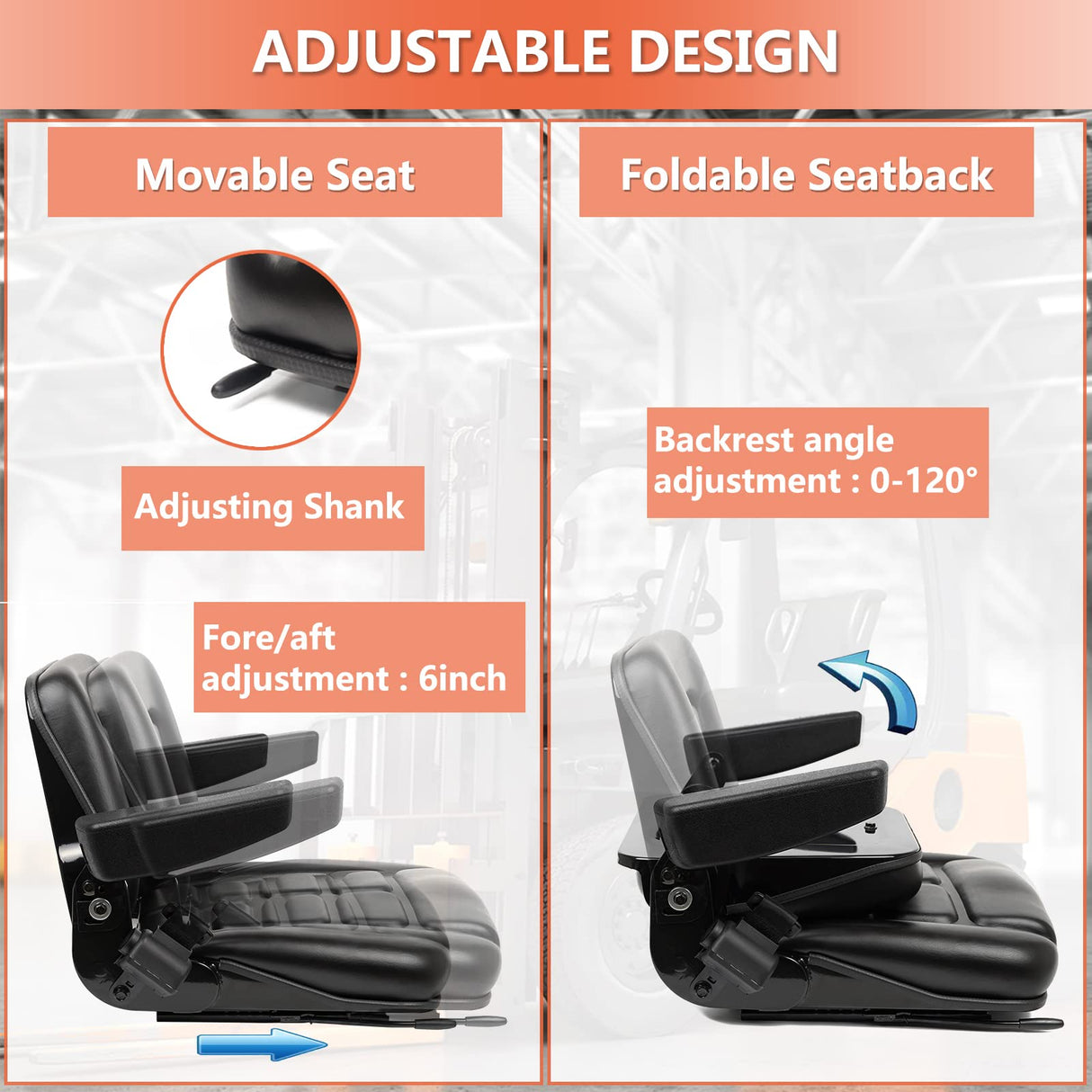 TICSEA Universal Fold Down Forklift Seat,Micro Switch,Armrest And Safety Belt,for Tractor,Excavator Skid Loader Backhoe Dozer Telehandler TICSEA