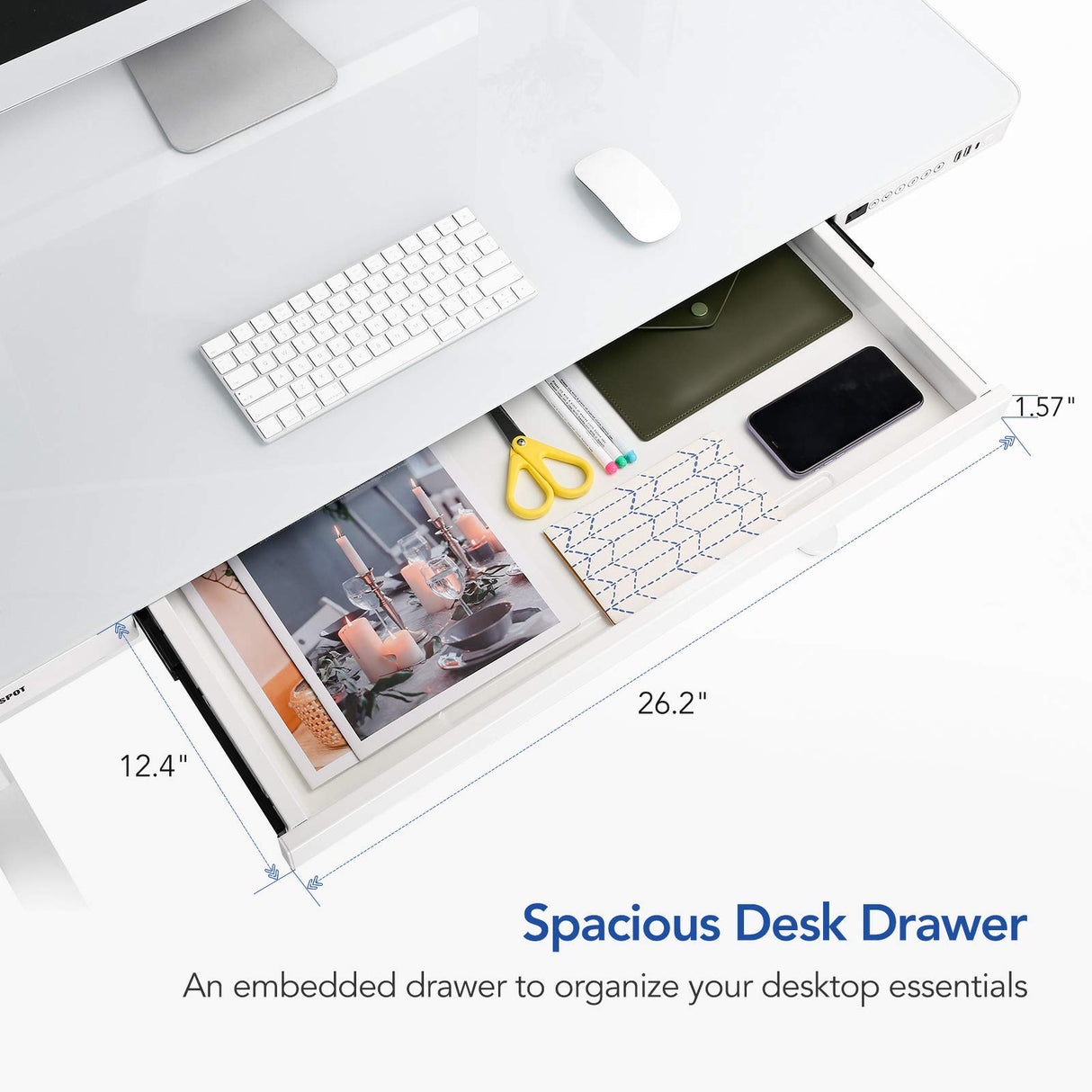 SANODESK Standing Desk with Drawer, Electric Height Adjustable Home Office Desk with Storage & USB Ports, 55 inch White Wood Tabletop/White Frame SANODESK