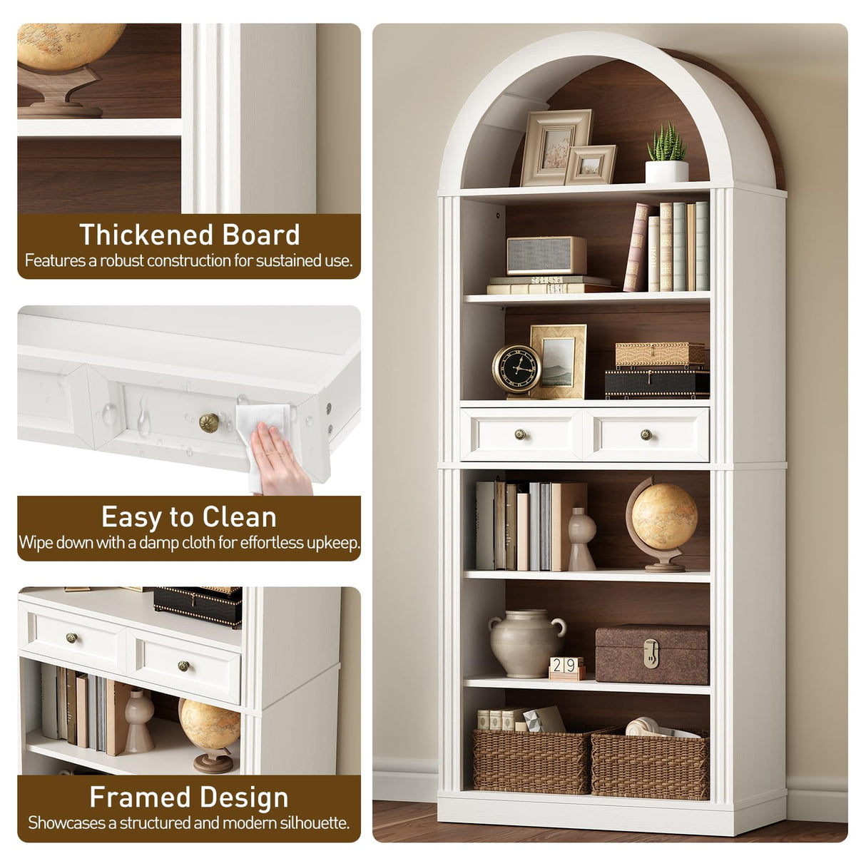 RALGEND Arched Bookshelf, 73" Tall Arch Bookcase with Drawers, 6-Tier Farmhouse Book Shelf, Wooden Bookshelf with Open Display Shelves for Living Room, Office, Adjustable Shelf, Walnut and White RALGEND