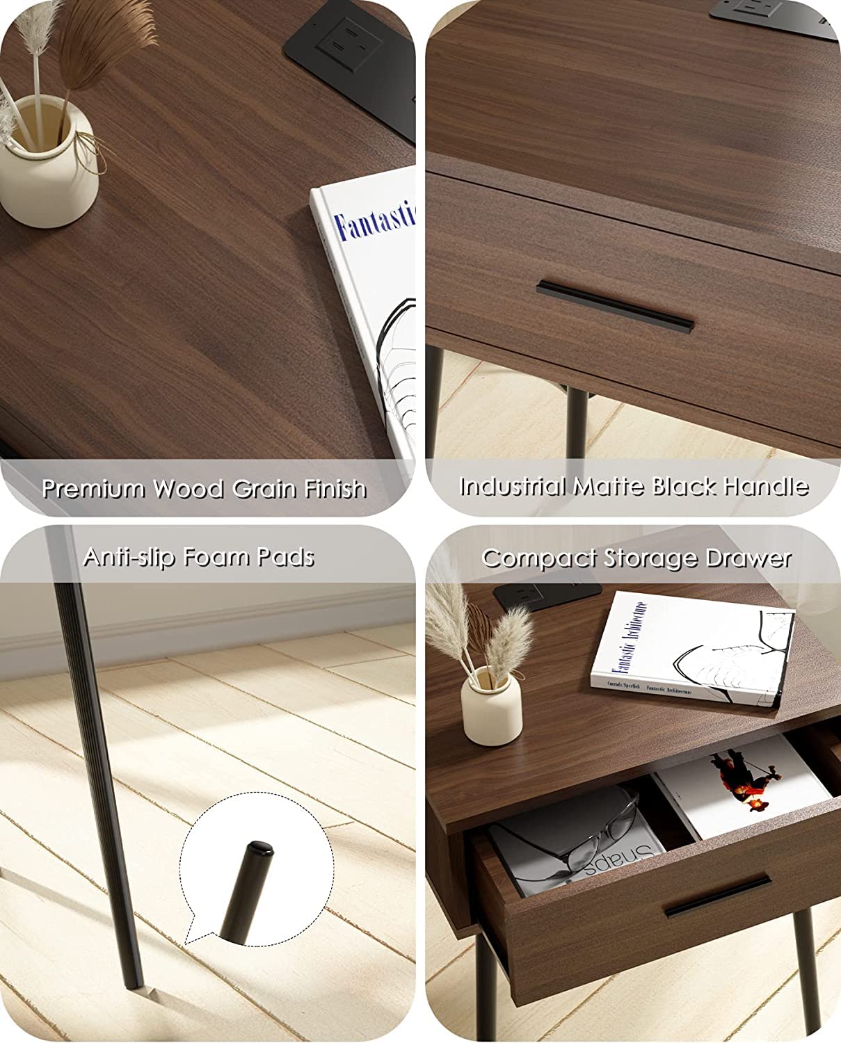 HAIOOU Set of 2 Mid Century Nightstand with Charging Station, End Table Modern Side Table One Drawer with Premium Matte Black Handle and Pine Wood Legs for Home Bedroom Living Room HAIOOU