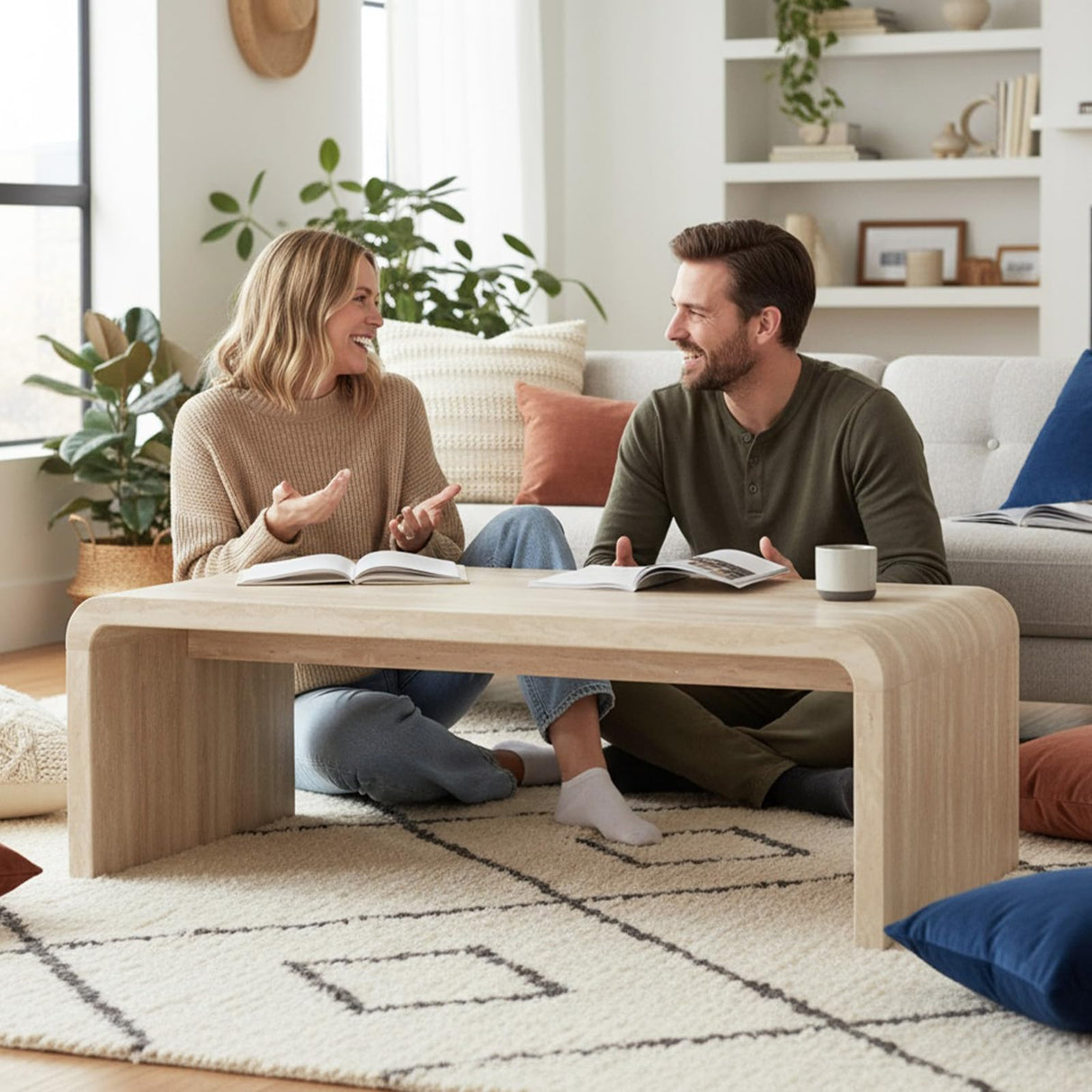 Hyfirm Modern Boho Faux Marble Coffee Table, 47" Travertine Pattern Waterfall Rectangular Center Table in a Scandinavian Style for Living Room with Sturdy Wood Frame, Thick Legs & Easy Assembly Hyfirm