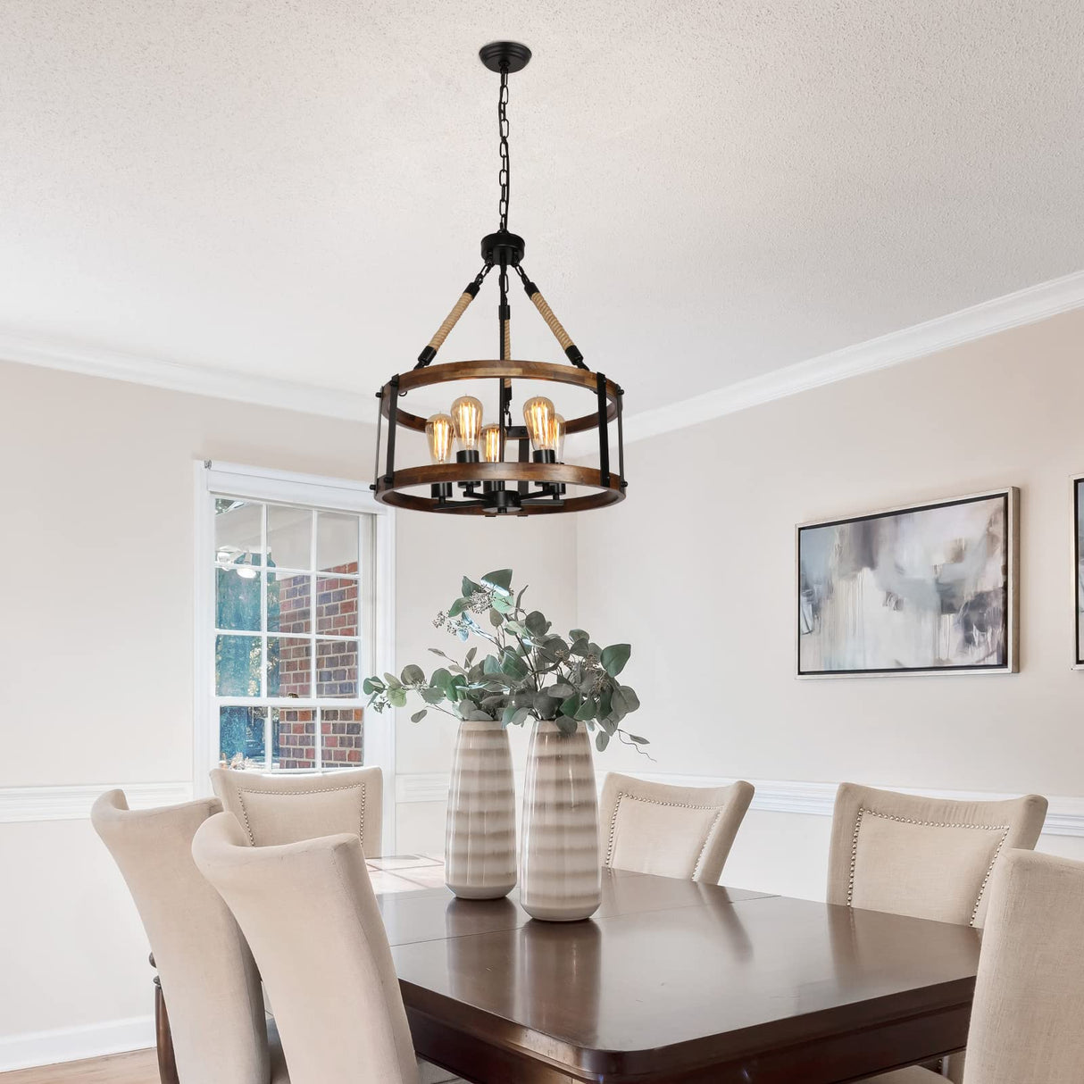 Voguad Rustic Wood Chandelier for Dining Room 5-Light, Kitchen Island Industrial Pendant Light Vintage Hanging Dining Room Farmhouse Light Fixtures Voguad