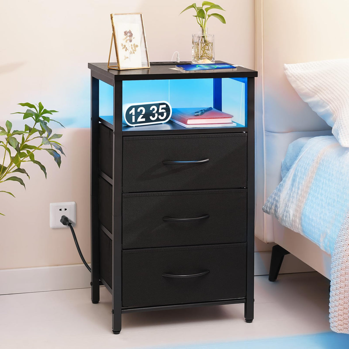 Yoobure Night Stand with Charging Station, 16 Colors LED Nightstand with USB Ports and Outlets, End Table with 3 Fabric Drawers and Storage Shelf, Bedside Tables Small Dresser for Small Space Black Yoobure