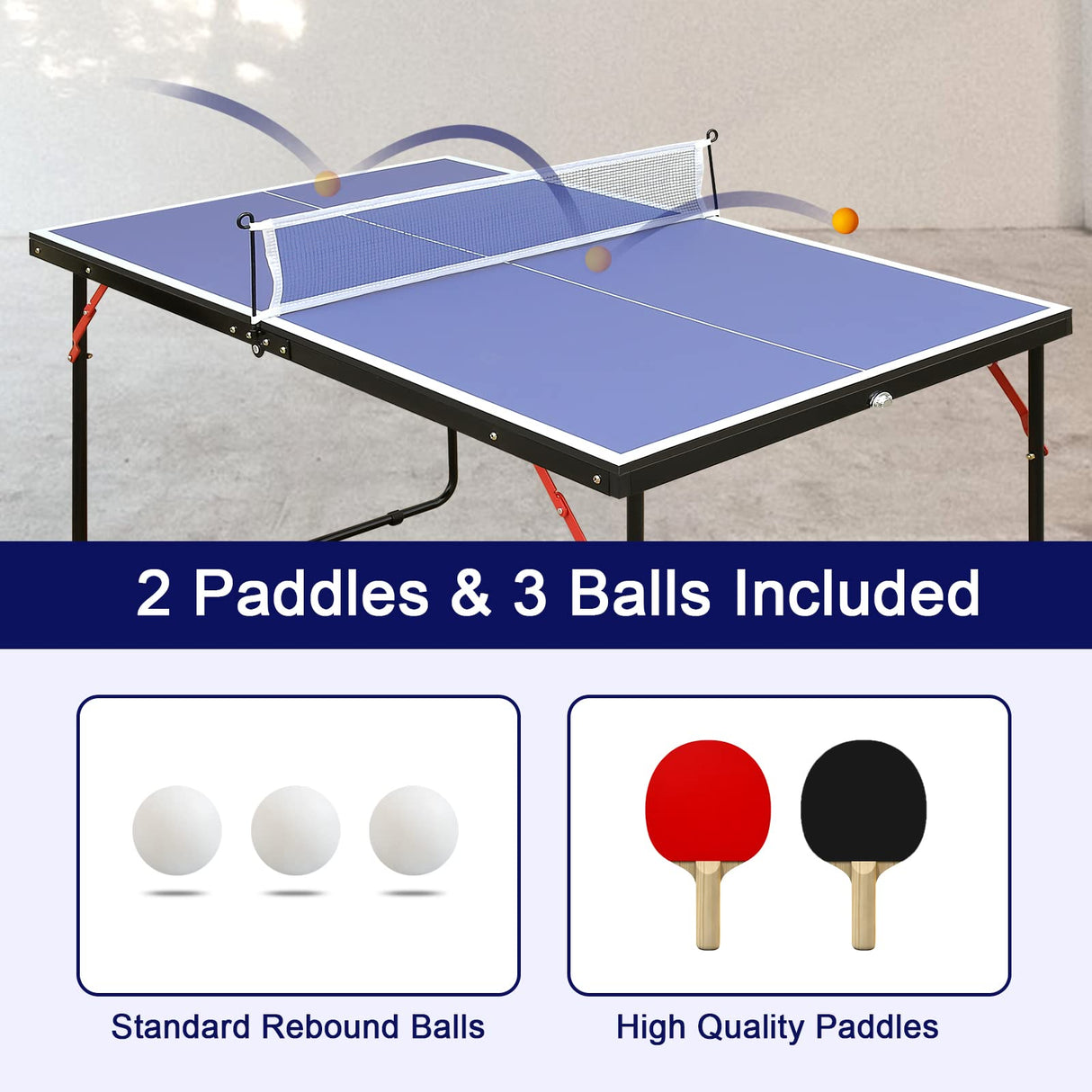 HaoKang Foldable & Portable Mid-Size Table Tennis Table Ping-Pong Table Set with 2 Paddles, 3 Balls and Net Indoor Outdoor for Family Game HaoKang