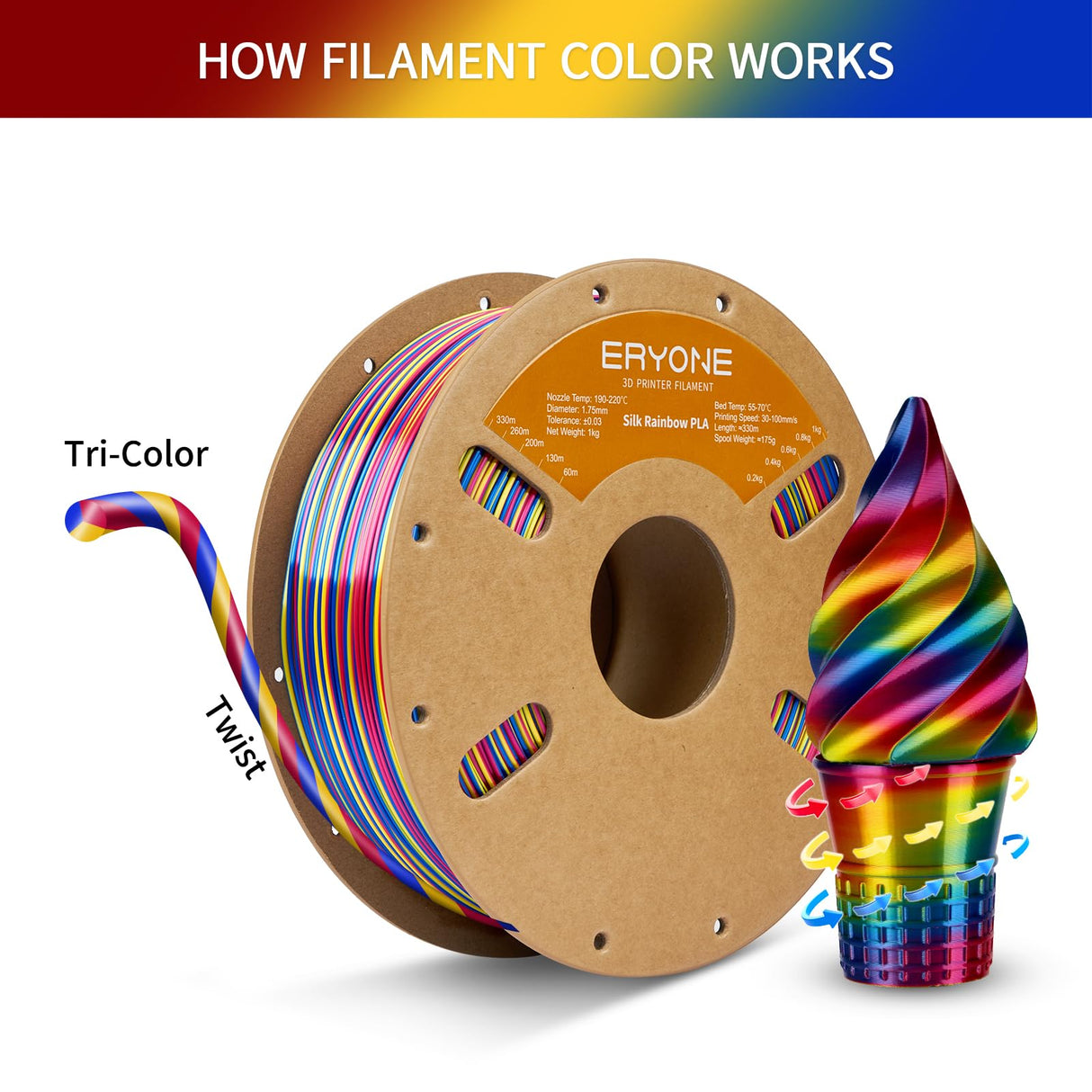 ERYONE Silk Twist Rainbow 3D Printer PLA Filament 1.75 +/-0.03mm, Shiny Multicolor Filament PLA 1KG(2.2LBS), Psychedelic (Red Yellow Blue) ERYONE