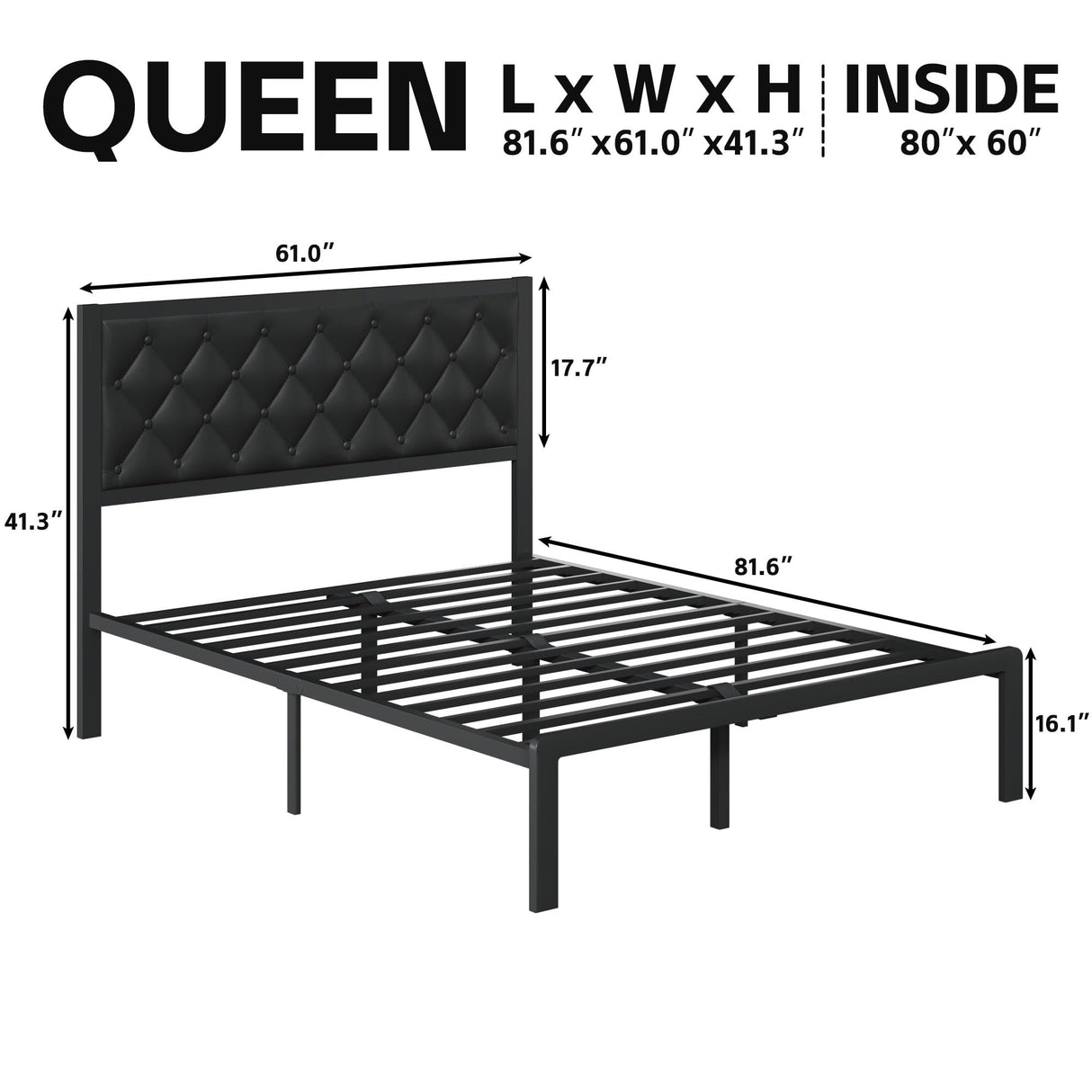 Fluest Queen Bed Frame with Headboard PU Leather Upholstered Bed Frame Platform,All Metal Slats Support Platform Bed Frame with Storage Space,Easy Assembly,Noise Free,No Box Spring Needed,Black Fluest
