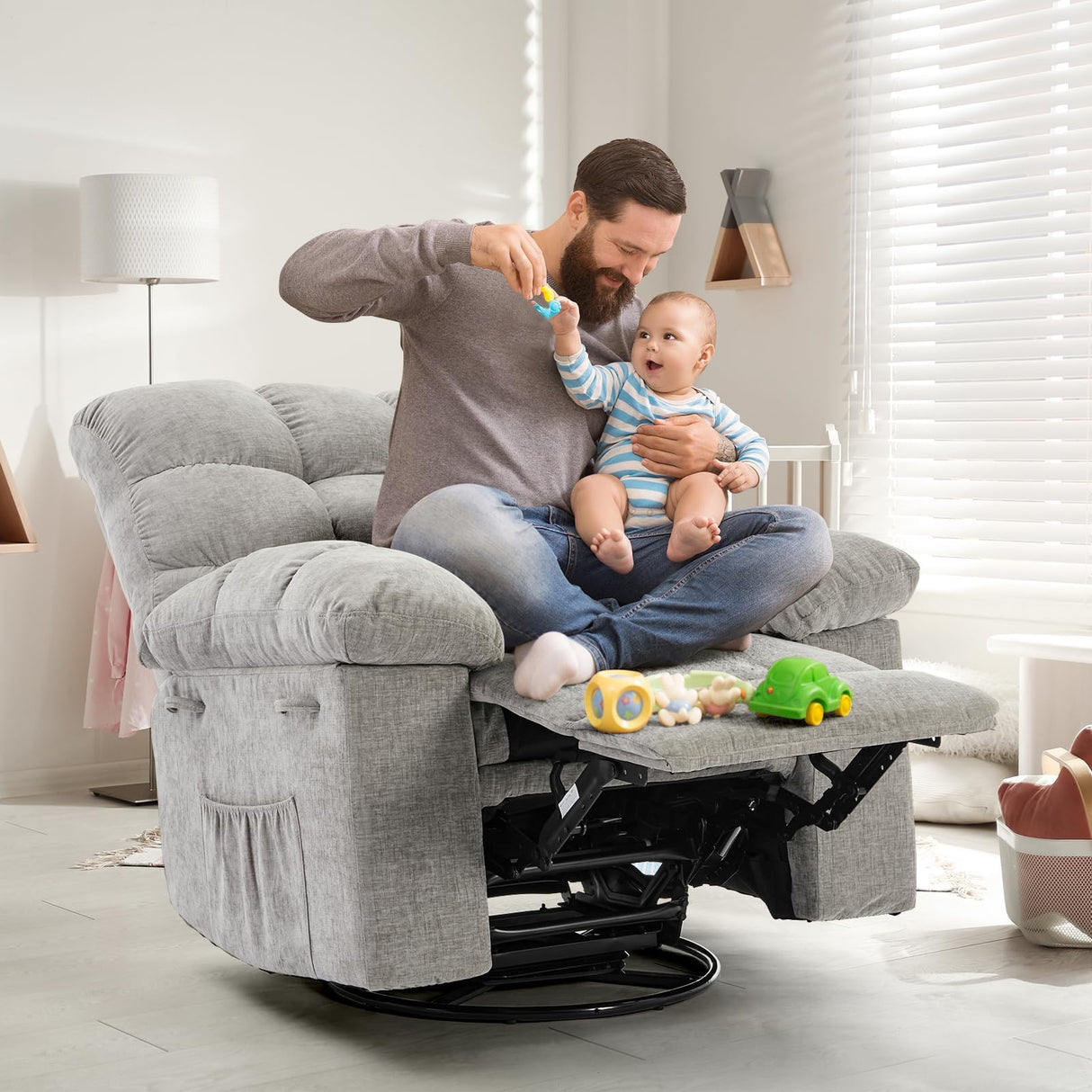 Oversized Swivel Rocker Recliner Chair for Adult,360°Swivel Rock Recliner,Extra Wide Manual Recliners,Chenille Upholstery Overstuffed Soft Rocking Sofa Chair,Grey Loumernhant