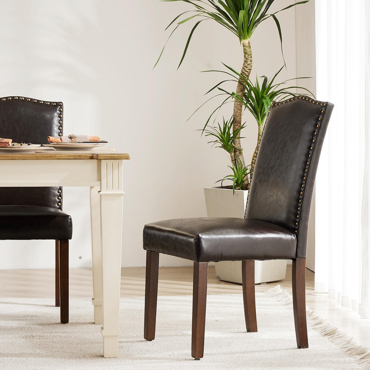 DUMOS Upholstered Dining Chairs Set of 6, Modern Upholstered Leather Dining Room Chair with Nailhead Trim and Wood Legs, Mid-Century Accent Dinner Chair for Living Room, Kitchen, Dark Brown DUMOS