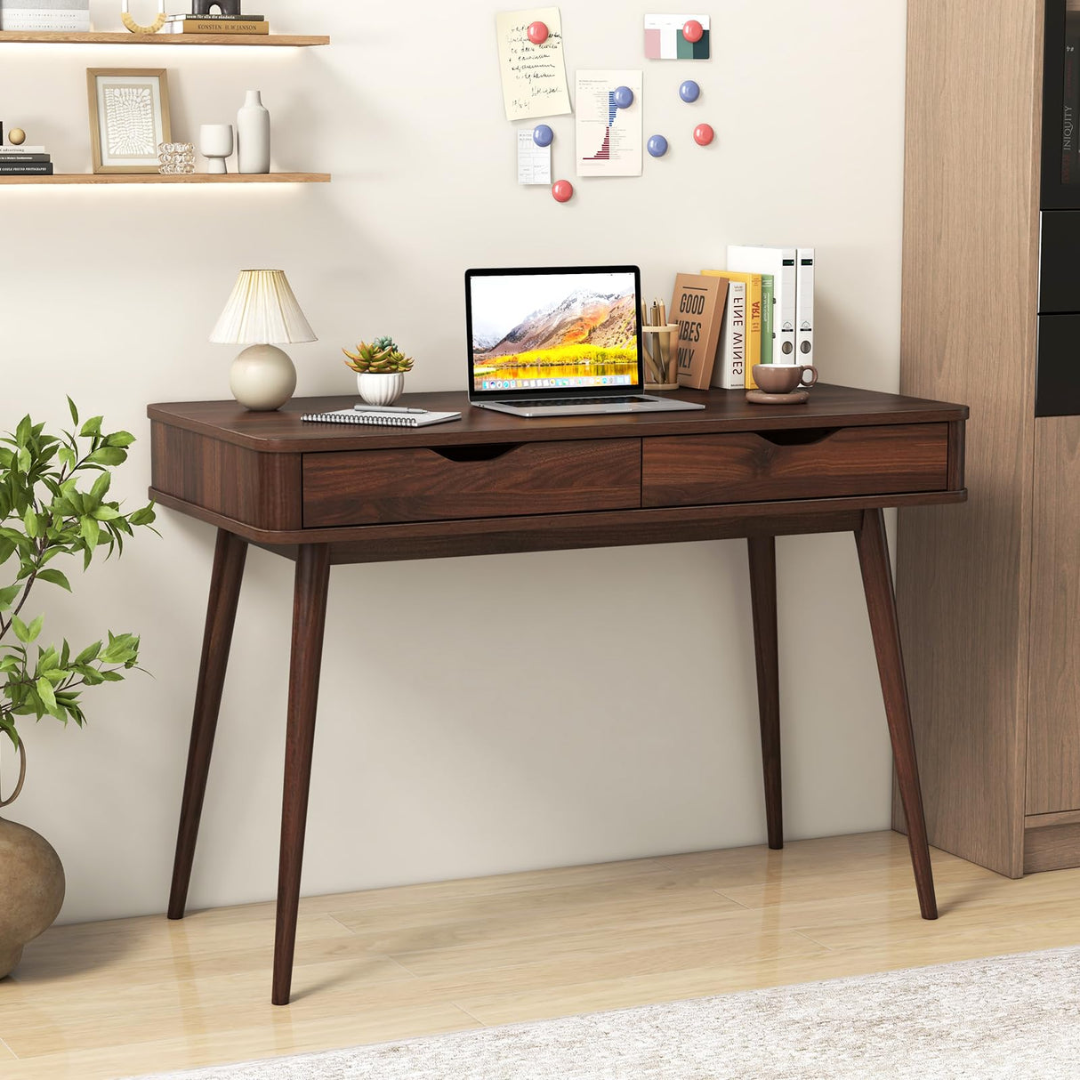 Giantex Mid-Century Desk with 2 Drawers, 43.5" Writing Study Desk with Solid Rubber Wood Legs, Home Office Computer Workstation PC Laptop Desk, Modern Makeup Vanity Table for Bedroom (Walnut) Giantex
