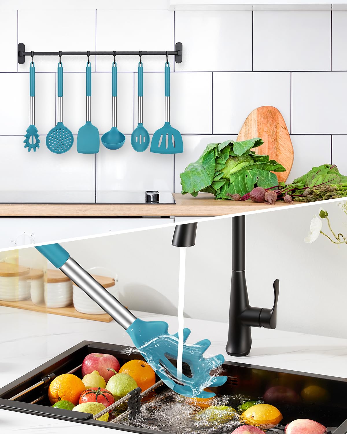 Silicone Cooking Utensil Set, 8Pcs Non-stick Cookware with Stainless Steel Handle, BPA Free Heat Resistant Kitchen Tools with Spatulas, Turners, Spoons, Skimmer and Pasta Fork BUNDLEPRO