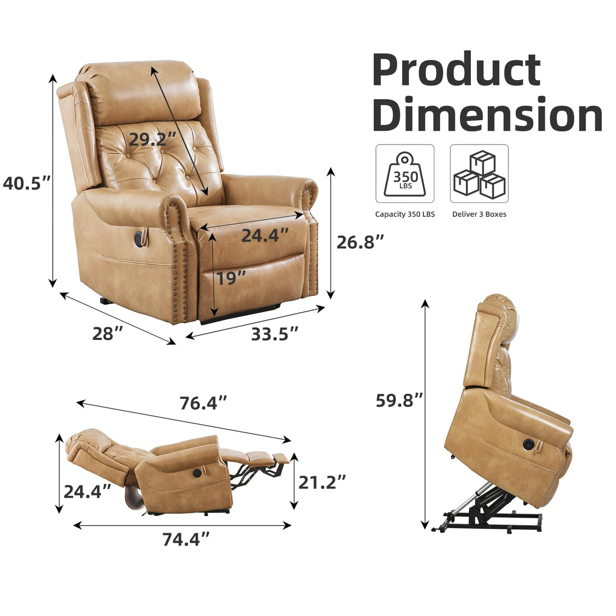 RUTOX Large Power Lift Recliner Chair for Elderly, Oversized Lay Flat Lift Chair with Adjustable Headrest, Leather Recliner Chairs with Massage and Heat, Infinite Position,Extended Footrest,Beige RUTOX