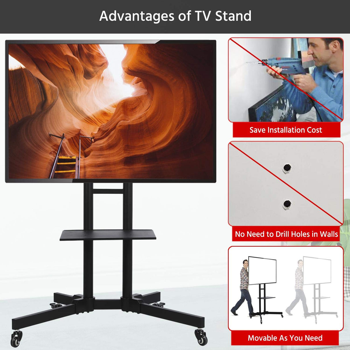 Yaheetech Mobile TV Stand with Wheels for 32-75 Inch LCD LED Screens TVs, Height-Adjustable Rolling TV Cart Hold up to 110 lbs, Trolley Floor Stand w/Tray, Max VESA 600x400mm Yaheetech