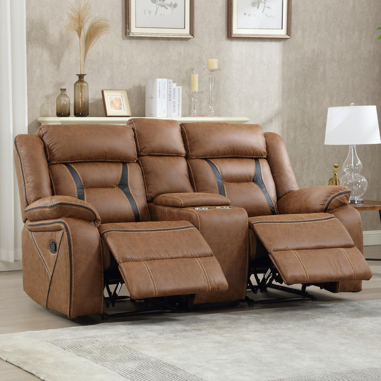 EBELLO Faux Leather Manual Loveseat Recliner, 2 Seat Reclining Sofa Chair with Center Console, Hidden Storage and Cup Holders, Daul Recliner for Living Room, Meeting Room, Brown (Loveseat) EBELLO
