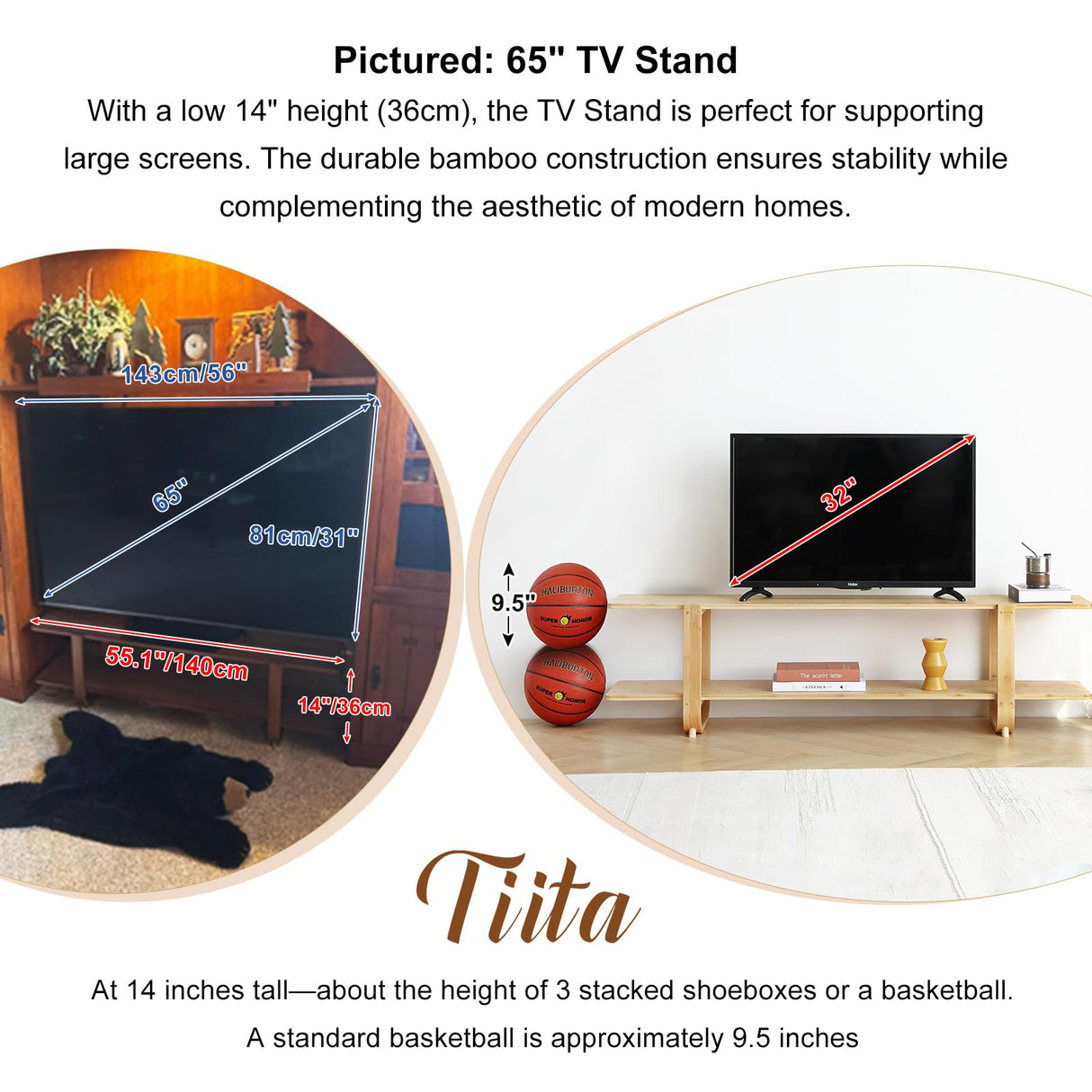 Tiita TV Stand with Storage for TVs up to 65'', Bamboo TV Console Entertainment Center with 2 Open Shelf, Mid Century Modern Media Console for Living Room, Bedroom, Walnut Tiita