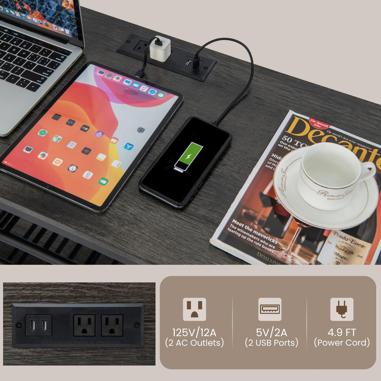 COSTWAY Rustic Grey 3-Tier Wine Bar Cabinet with Charging Station and Ample Storage COSTWAY