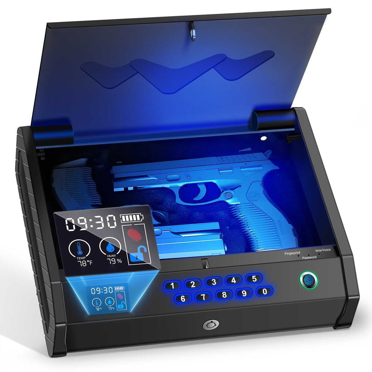 MOLICAR Gun Safe, Biometric Gun Safes for Handgun with LCD of Temp Humidity Battery, USB-C Port, Fingerprint Quick Access Pistol Safe for 2 Guns, Handgun Safe for Home Bedside Nightstand Car MOLICAR