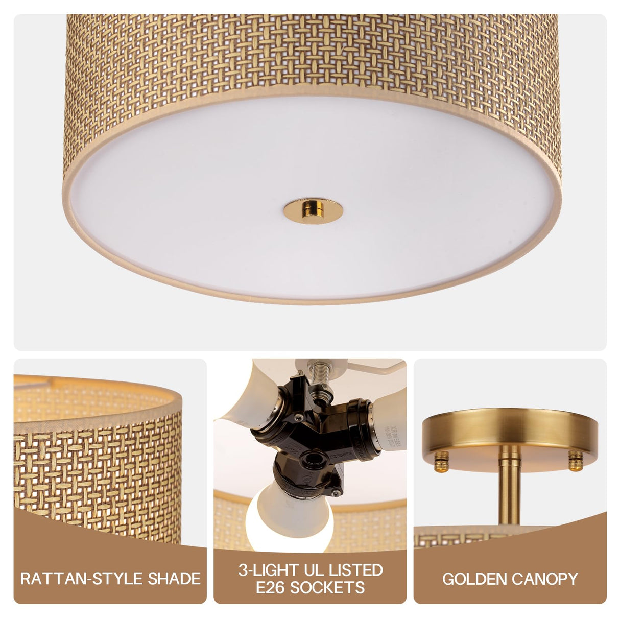 CLARSYNE 13" Woven Rattan Boho Ceiling Light Fixture, 3-Light Modern Semi Flush Mount Lamp with Drum Fabric Shade, Rustic Brown Lighting for Bedroom, Dining Room, Living Room, Hallway, Entryway CLARSYNE