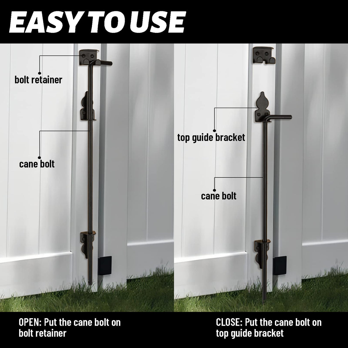 12" Heavy Duty Cane Bolt Gate Drop Rod Hardware Ground Latch for Wood PVC Vinyl Metal Fences Gates, Double Doors, Black Solid Steel -2 Pack Dreamxiang