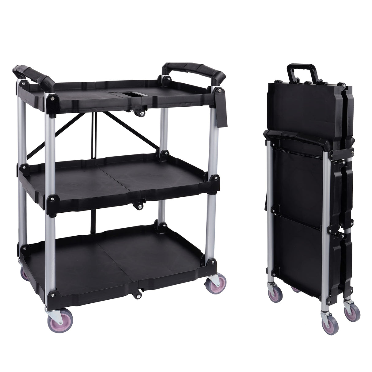ELEVON Portable Folding Collapsible Service Cart Foldable Service Cart 3 Tier Collapsible Push Cart Folding Utility Carts with Wheels for Office Warehouse Home, Black Elevon