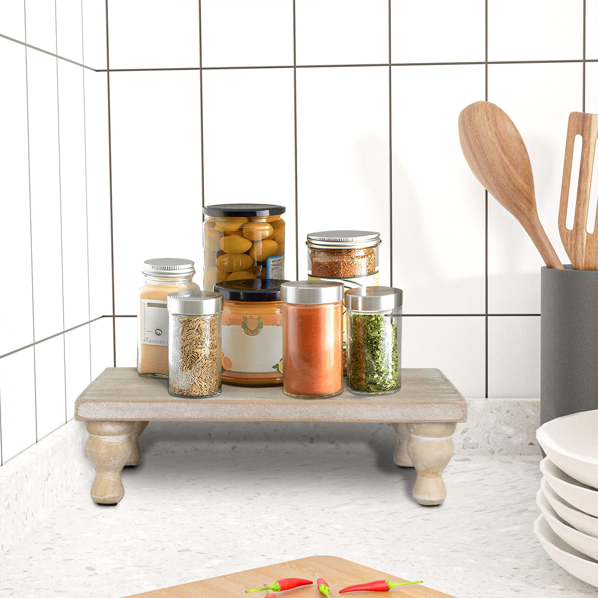 MAONAME Decorative Wooden Display Riser, Farmhouse Wood Pedestal Stand for Display, Rustic Washed White Tray Riser for Kitchen, Home Table Decor, Short and Tall Footed MAONAME