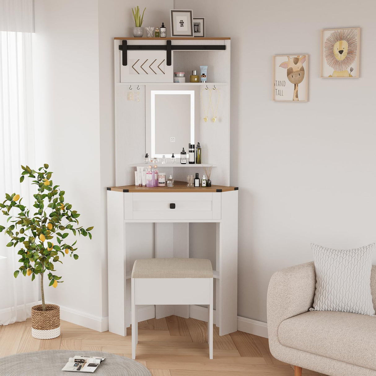 ARTETHYS Small Vanity Desk Set with Lights and Mirror Makeup Vanities with Drawers for Corner Space White Farmhouse Make up Dressing Table with Storage Stool for Bedroom ARTETHYS