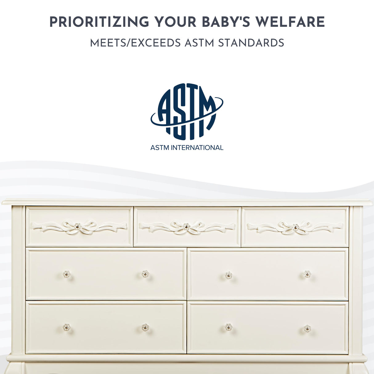 Evolur Aurora 7 Drawer Double Dresser in Ivory Lace, Fitted with 7 deep and Roomy Drawers with Five-Piece Drawer Box Construction, Comes Assembled Evolur