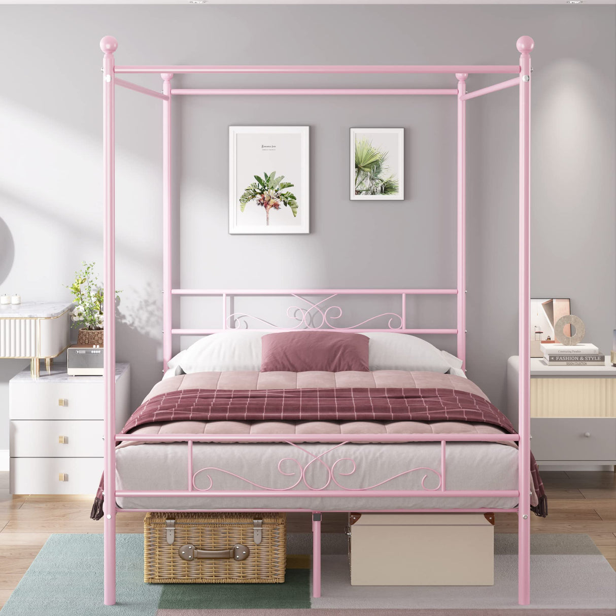 Weehom Full Canopy Bed Frame with Headboard and Footboard, 4 Posters Metal Bed Frame, No Box Spring Needed, Mattress Foundation Platform Bed for Kids and Adults, Pink Weehom