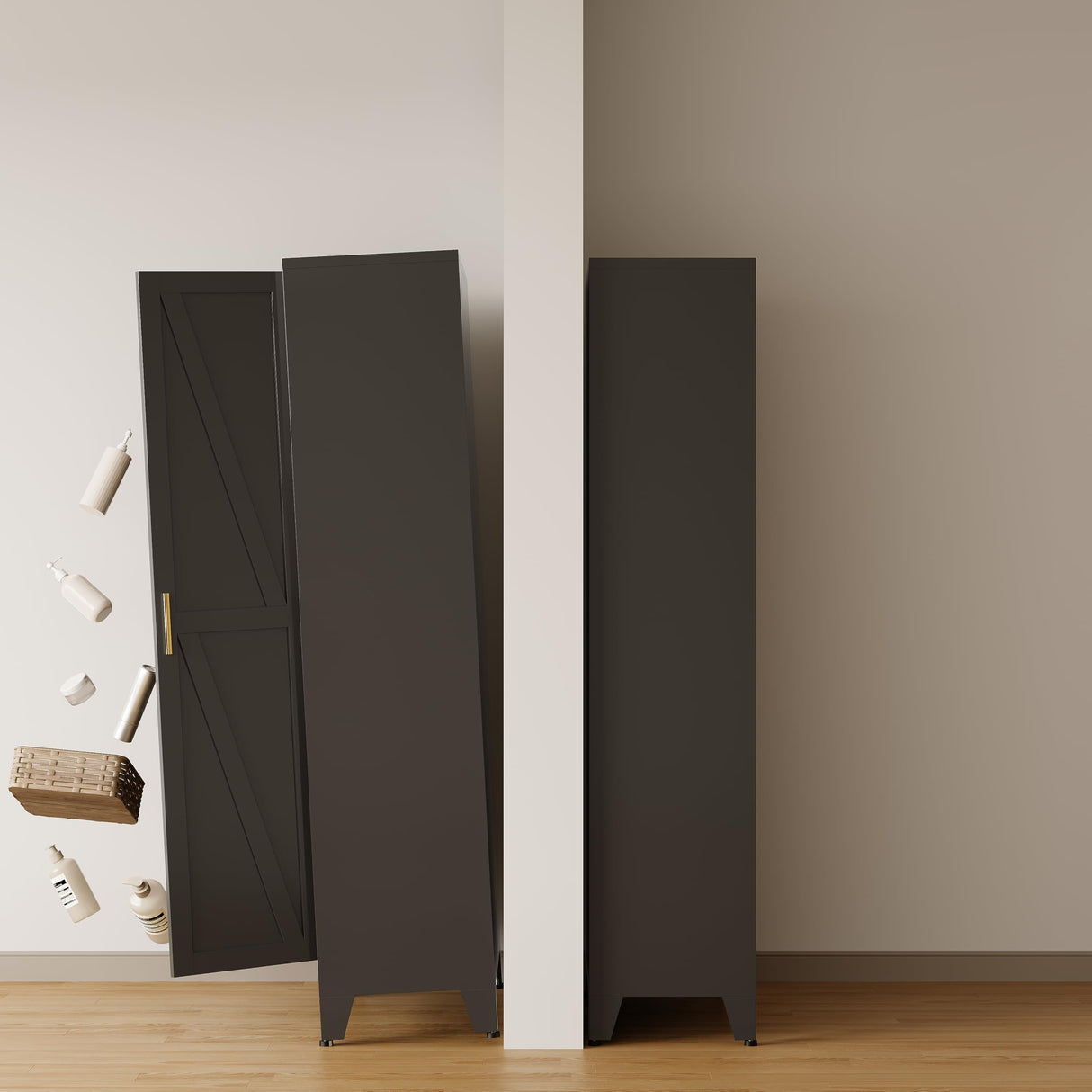 COFaR Black Metal Cabinet, 61 in Tall Metal Storage Cabinet with 3 Adjustable Shelves and Barn Doors, Farmhouse Cupboard Storage for Garage Kitchen Pantry Office, 4-Tier COFaR