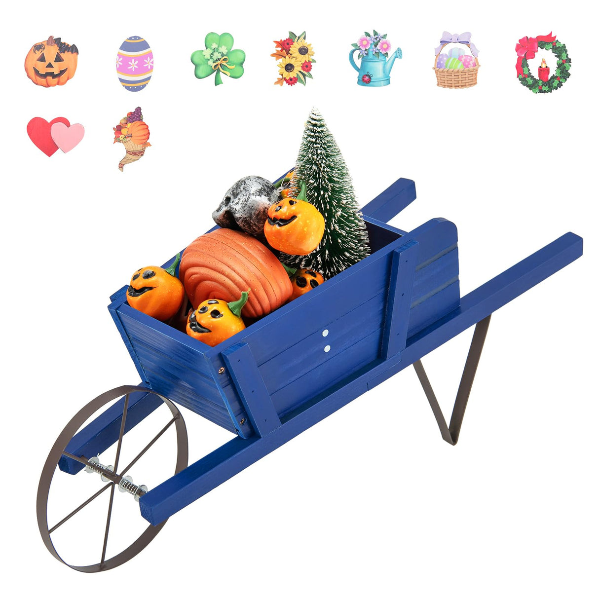 Giantex Wooden Wagon Planter, Small Wheelbarrow Wagon Flower, Indoor & Outdoor Raised Bed W/ 9 Magnetic Accessories, Wheel, 2 Handle, Wood Flower Cart Planter for Garden Backyard Holiday (Blue) Giantex