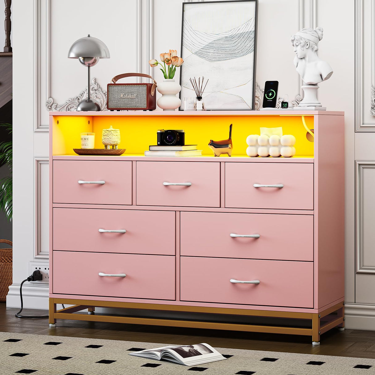 Pink Dresser for Bedroom, Modern 7 Drawers Long Dresser with Charging Station and LED Lights Design, Wooden Large Capacity Storage Chest of Drawers, Wide Dresser for Living Room, Hallway Patikuin