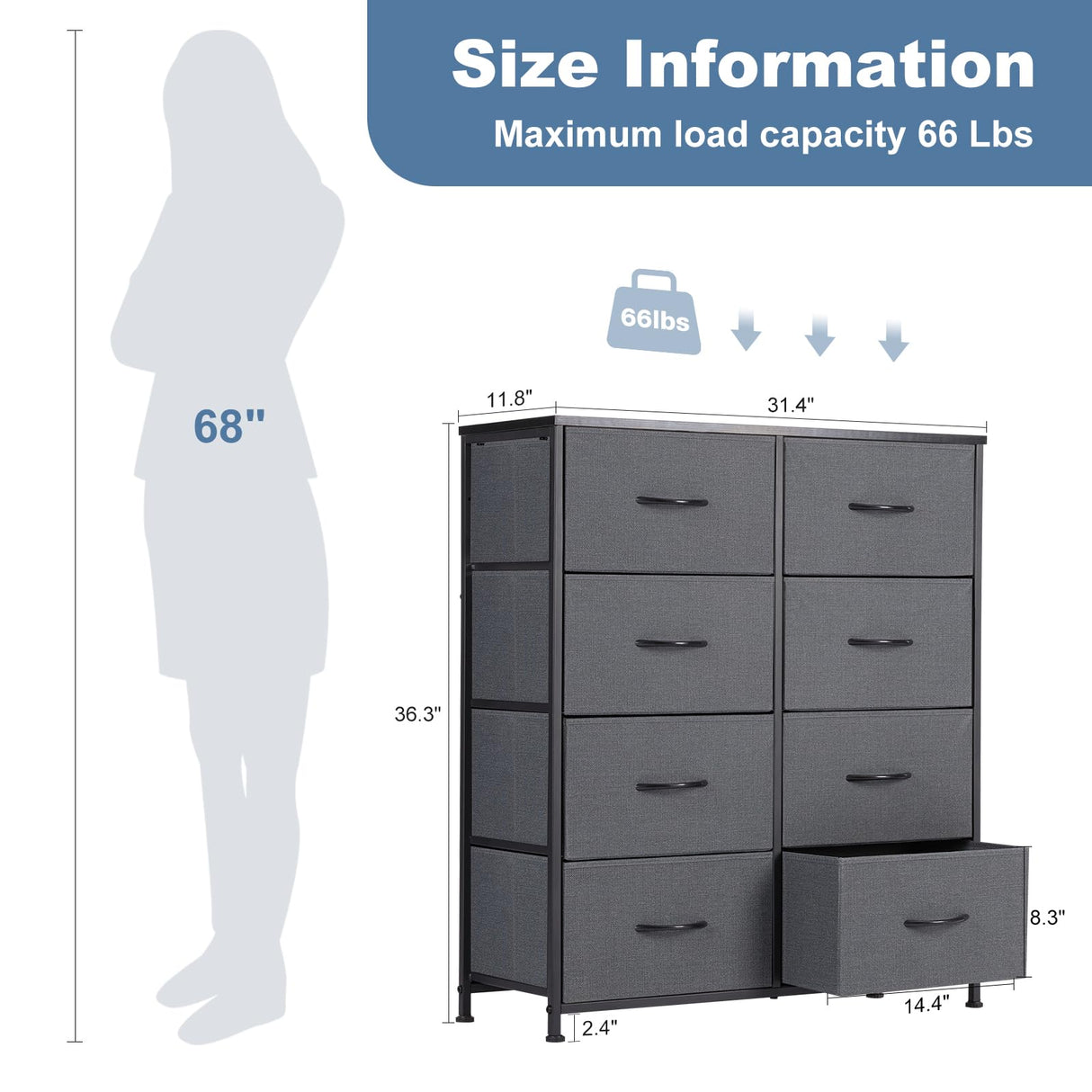 DUMOS 8 Drawer Dresser for Bedroom, Fabric Storage Organizer with Sturdy Metal Frame, Wooden Top Chest of Drawers for Closet Entryway Guest Room, Grey DUMOS