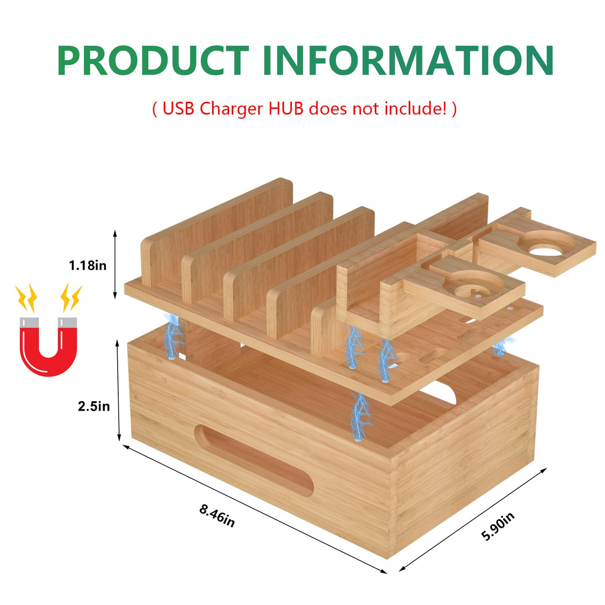 Bamboo Charging Stations for Multi Devices, Wood Desktop Docking Station Charger Organizer for Cell Phones, Tablets, Earphones, Watch (Includes 6 Charging Cables) (No Power Supply) Deefielly
