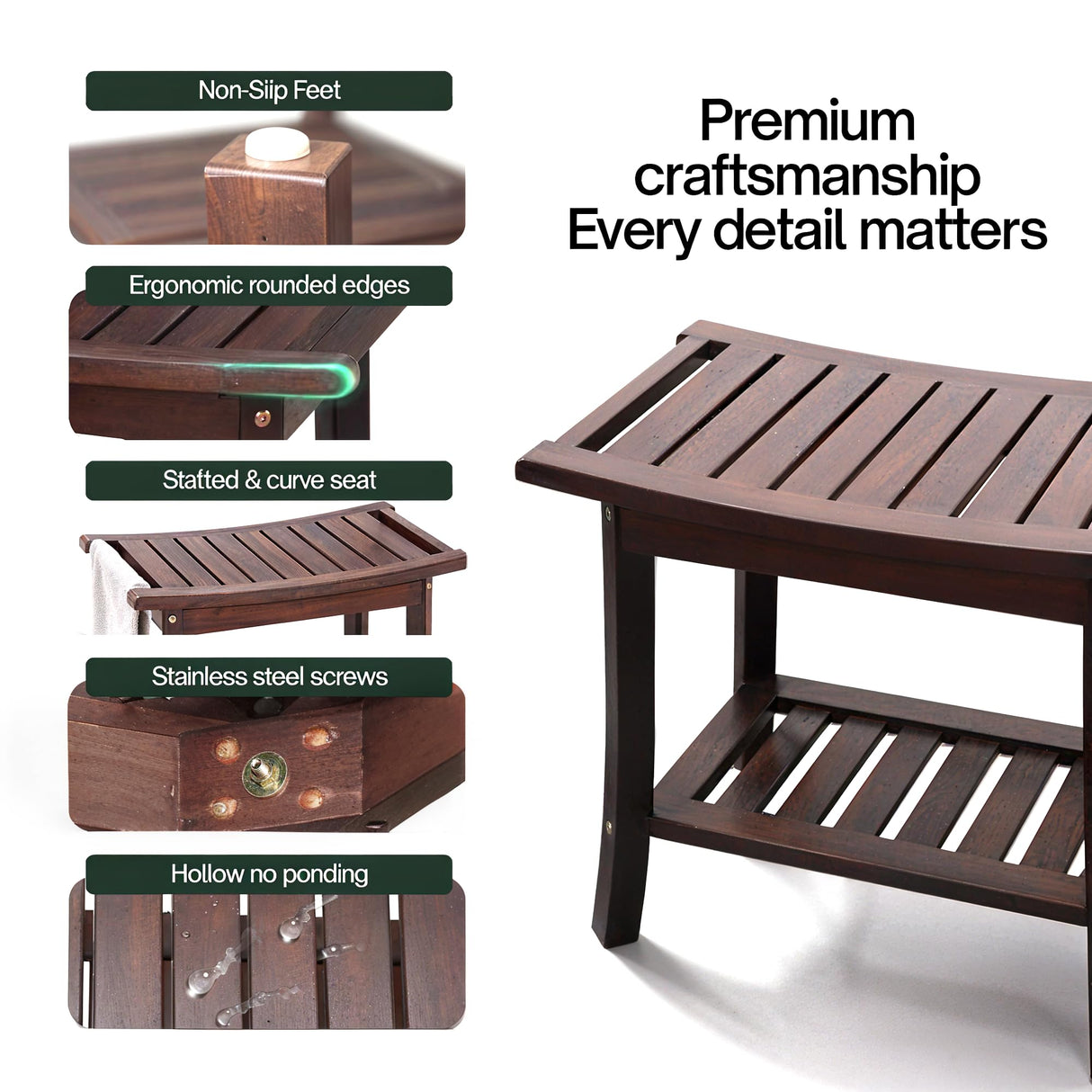 Tranquillo Wood Shower Bench, Shower Stool Wood – Sealed Wooden Seat with Storage Shelf, Non-Slip Foot Stool Foot Rest Durable Shower Chair for Inside Shower, Storage Bench for Home Use Tranquillo