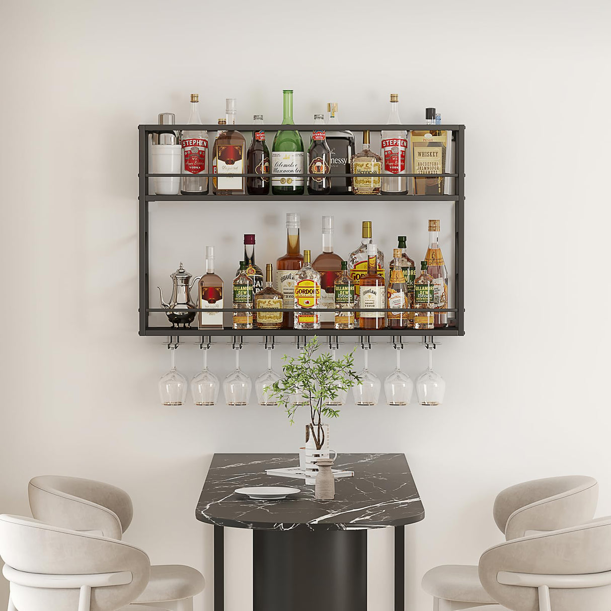 Woskar Wall Mounted Wine Rack 2 Tier, Metal Bar Liquor Shelves and Glass Holder,Wall Bar Shelf Wine Display Storage Holder for Home Bar, Dining Room, Kitchen(31.4×7.8×26in) Woskar